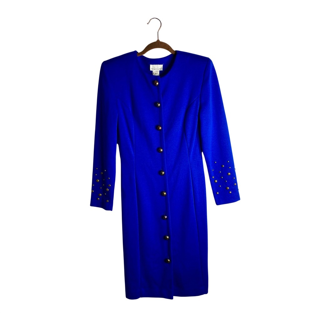 Vintage 80s Just Maggie Royal Blue Studded Button Front Knit Midi Dress